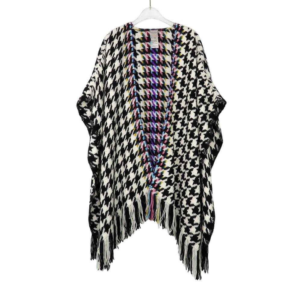 Chico's Houndstooth Ruana Wrap Shall Poncho Knit Sweater Rainbow Tassels Cozy